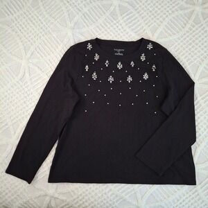 Talbots Petite XL Black Long Sleeve Embellished Jewel Crew Neck T-Shirt Top